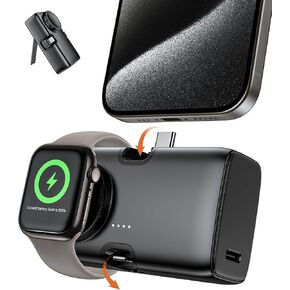 Portable Power Bank for iPhone Apple Watch, Built-in Foldable USB-C Connector 5000mAh 20W PD Fast Charging Travel Camp Battery Charger, Compatible with iPhone 15/14/13/12 iWatch Samsung S22/23 Series