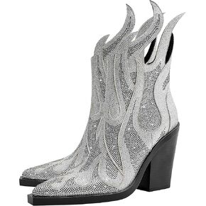Feinlina Sliver Women's Rhinestone Flame Pointed Toe Block Chunky Heeled Boots Fashion Sparkly Cowboy Ankle Booties