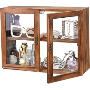MOOCA Tempered-Glass Wood Display Case with Double Doors, Adjustable 2-level Collection Display Case for Mini Funko Pop Figures, Bakery Case Pastry Container, Jewelry Organizer Storage, Brown Color