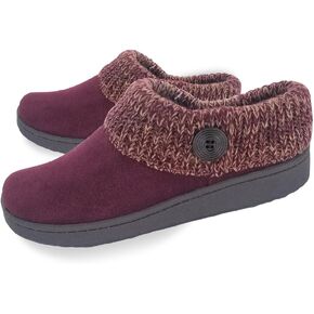 Clarks Womens Suede Leather Comfort Clog Knitted Collar Slipper - Plush Faux Fur Trim - Indoor Outdoor House Slippers For Women (Burgundy/Beige 9M)