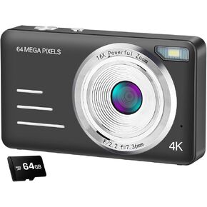 Digital Camera 4K Kids Camera Digital with 64MP High Resolution,16X Zoom Large 2.8'' Screen This Camera Comes with 64GB Micro SD Card,1500mAh Big Battery for Kids Boys and Girls (Black)