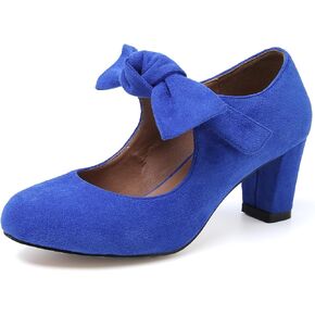 LIURUIJIA Women's Bow Mary Jane Low Block Heel Pumps Round Toe Ankle Strap Wedding Evening Party Dress Shoes