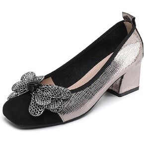 Women's Leather Glitter Rhinestone Bow Chunky Heel Pumps Fashion Comfortable Square Toe Slip on Mid Heels Dress Shoes for Party Prom Date Wedding