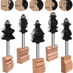 TAIWAIN Router Bit Set 1/4 Inch Shank 5PCS, Architectural Picture Frame Wood Milling Cutter,Rail &Stile Woodworking Miter Carbide CNC Cutting Tool for Cabinet Drawer Door Surfacing(T-BIT)