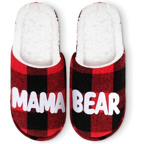Geyoga Mother's Day Buffalo Plaid Slippers Plush Warm Mama Bear Slipper for Mom Women Bedroom Christmas Gift