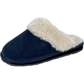 Clarks Womens Open Back Suede Leather Comfort Clog Slipper JMS0583C - Plush Faux Fur Trim - Indoor Outdoor House Slippers For Women (8 M US, Navy)