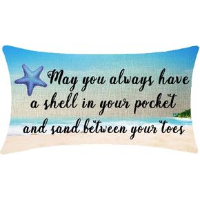 ITFRO Set of 2 Summer Gift Life is Better at The Beach This is My Happy Place Beach Cotton Linen Lumbar Throw Pillow Case Cushion Cover Farmhouse Home Sofa Decorative 12X20 Inches (Beach)