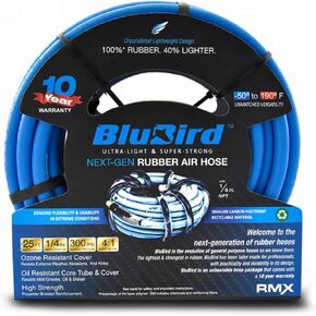BLUBIRD BB1425 1/4" x 25' Rubber Air Hose, 100% Rubber, Lightest, Strongest, Most Flexible, 300 PSI, 50F to 190F Degrees, Ozone Resistant, High Strength Polyester Braided