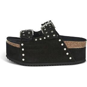 Womens Genuine Leather Cork Platform Sandals Adjustable Buckle Straps Band Suede Clogs Platform Slip on Flatform Sandals