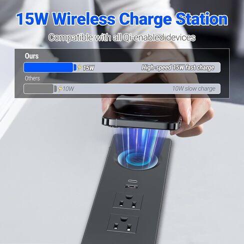 شريط طاقة مجوف USB C PD20W شحن سريع، مخرج مجوف، شريط طاقة مثبت على السطح مع منفذين سلك طاقة بطول 6 أقدام للأثاث، المنضدة، طاولة الأريكة، الدرج (أسود) in Kuwait