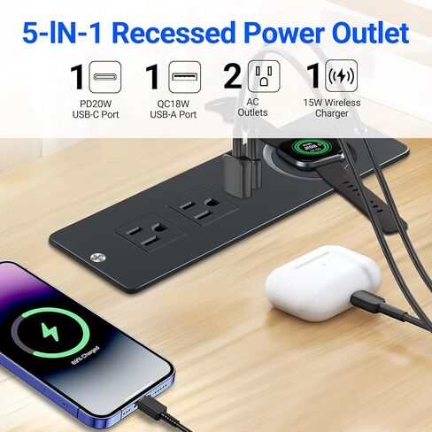 شريط طاقة مجوف USB C PD20W شحن سريع، مخرج مجوف، شريط طاقة مثبت على السطح مع منفذين سلك طاقة بطول 6 أقدام للأثاث، المنضدة، طاولة الأريكة، الدرج (أسود) in Kuwait