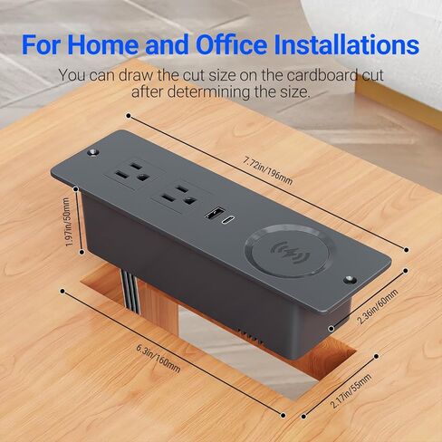 شريط طاقة مجوف USB C PD20W شحن سريع، مخرج مجوف، شريط طاقة مثبت على السطح مع منفذين سلك طاقة بطول 6 أقدام للأثاث، المنضدة، طاولة الأريكة، الدرج (أسود) in Kuwait