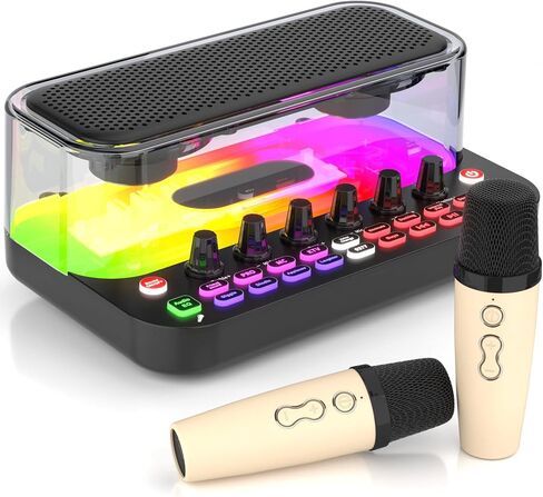 Facmogu All-in-One Live Sound Card, Portable Audio Karaoke Mixer Machine with Dual Wireless Mics, Bluetooth Audio Mixer for Home Karaoke, Live Streaming, Gaming, with Spotlight Control, Voice Changer in Saudi Arabia