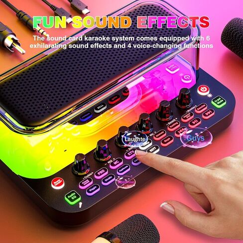 Facmogu All-in-One Live Sound Card, Portable Audio Karaoke Mixer Machine with Dual Wireless Mics, Bluetooth Audio Mixer for Home Karaoke, Live Streaming, Gaming, with Spotlight Control, Voice Changer in Saudi Arabia