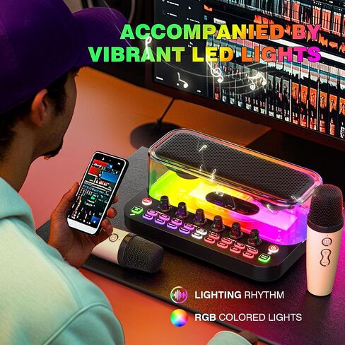 Facmogu All-in-One Live Sound Card, Portable Audio Karaoke Mixer Machine with Dual Wireless Mics, Bluetooth Audio Mixer for Home Karaoke, Live Streaming, Gaming, with Spotlight Control, Voice Changer in Saudi Arabia