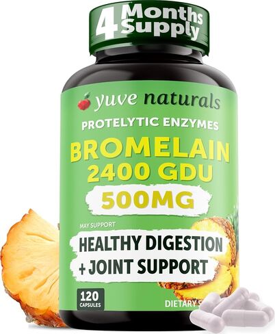 Yuve Bromelain 500mg - مكمل عالي الفعالية 2400GDU - Bromelain 500mg، مسحوق البروميلين - صحة الأمعاء والمفاصل - الأناناس الطازج - 120 كبسولة نباتية in Kuwait