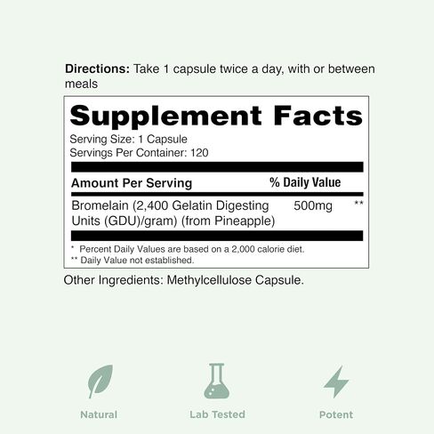 Yuve Bromelain 500mg - مكمل عالي الفعالية 2400GDU - Bromelain 500mg، مسحوق البروميلين - صحة الأمعاء والمفاصل - الأناناس الطازج - 120 كبسولة نباتية in Kuwait
