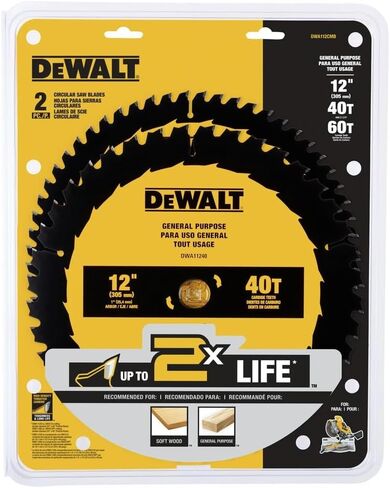 DEWALT Miter Saw Blade Combo Pack, 12" Blades, 40 Tooth & 60 Tooth, Fine Finish, Ultra Sharp Carbide (DWA112CMB) in Kuwait
