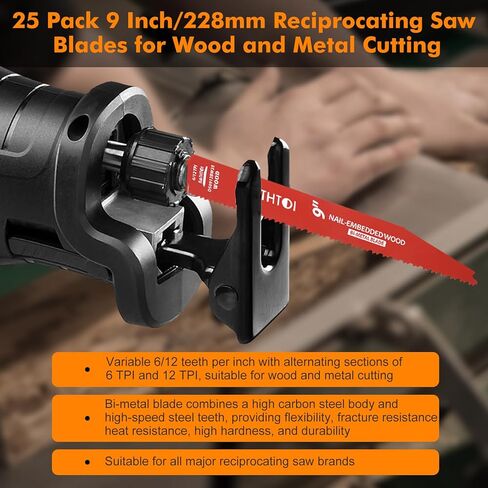 25 Pack 9 Inch 6/12 Tpi Reciprocating Saw Blades for Wood and Nail-Embedded Wood Cutting, Bi-Metal Sawzall Blades with 8% Cobalt for Longer Life and Faster Cutting Speed in Saudi Arabia