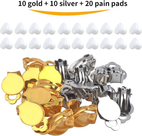 Aylifu Clip-on Earring Findings, 20pcs (10 Pairs) Round Flat Tray Earring Clips Blank Earring Setting Components with 20pcs Earring Pads for Non-Pierced Ears DIY Earring Making -Silver in Saudi Arabia