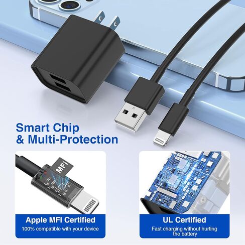 USB Wall Charger and Lightning Cable 6ft,[Apple MFi Certified] iPhone Charger with 6FT iPhone Lightning Cord,2 Ports Charging Plug Block Box for iPhone 12/11/XR/X/Xs/Xr/8/7/6/6s Plus/SE/5c/iPad-White in Saudi Arabia