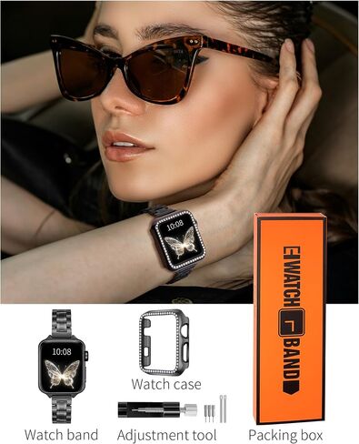 Bling Diamond Case and Metal Band Compatible with Apple Watch Bands | Stainless Steel Strap 46mm 45mm 44mm 42mm 41mm 40mm,Luxury Protective Case For Women iwatch Series 11/10/9/8/7/6/5/4/3/2/1/SE in Saudi Arabia