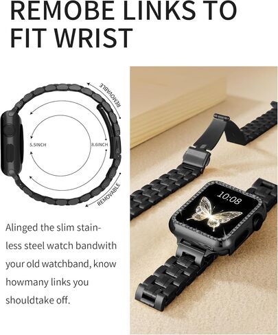 Bling Diamond Case and Metal Band Compatible with Apple Watch Bands | Stainless Steel Strap 46mm 45mm 44mm 42mm 41mm 40mm,Luxury Protective Case For Women iwatch Series 11/10/9/8/7/6/5/4/3/2/1/SE in Saudi Arabia