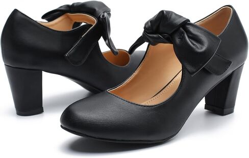 LIURUIJIA Women's Bow Mary Janes Block Heel Pumps Dress Shoes | Round Toe Ankle Strap, 2.36" Chunky Heel Vintage Dress Shoes for Office, Party, Church, Wedding & Daily Wear in Saudi Arabia