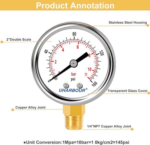 Lead-Free Pressure Gauge 1/4 NPT 0-100 Psi 2" Dial Stainless Steel Case, 1/4 NPT Lower Mount Pressure Gauge in Kuwait