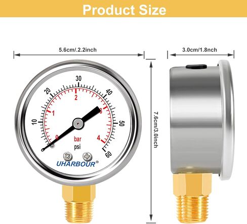 مقياس ضغط خالٍ من الرصاص 1/4 NPT 0-100 Psi 2 بوصة حافظة من الفولاذ المقاوم للصدأ، مقياس ضغط منخفض للتركيب 1/4 NPT in Kuwait