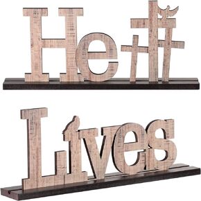 2 Pieces Easter Religious He Lives Table Top Decoration Easter Wooden Table Sign Easter Jesus Cross Inspirational Ornament Rustic Tabletop Decoration for Easter Party Holidays