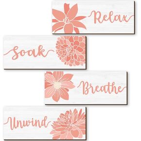 4 Pieces Bathroom Decor Elegant Bathroom Wall Decor Sign Coral Bathroom Decor Bathroom Accessories Relax Soak Unwind Breathe Wall Art Farmhouse Rustic Wood Plaque Bedroom Decor for Spa (Pink)