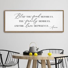 GraceView Bless the Food Before Us Wall Decor Framed Canvas - 42"X15" Inspirational Bless This Food Before Us Sign Wall Art with Hanging Accessories For Dining Room Wall Decor (Black)