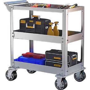 3-Tier 14 Gauge Stainless Steel Utility Cart, 1100 lbs Heavy Duty Service Cart with Wheels, Rolling Tool Cart on Wheels, Work Cart for Mechanic, Garage, Workshop, Warehouse, 18.1"D x 30.7"W x 36.2"H