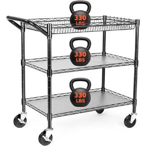 Heavy Duty Utility Cart on Wheels,990Lbs Capacity 3 Tier Rolling Carts with Wheels,Kitchen Cart on Wheels with Storage,Commercial Grade Metal Serving Cart with Wire Shelving &Handle Bar,Black