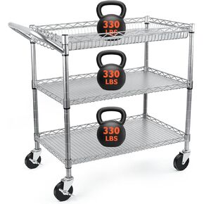 Heavy Duty Utility Cart on Wheels,990Lbs Capacity 3 Tier Rolling Carts with Wheels,Kitchen Cart on Wheels with Storage,Commercial Grade Metal Serving Cart with Wire Shelving &Handle Bar,Black