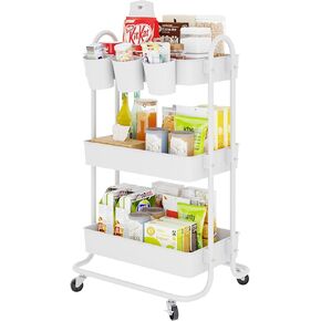 Sywhitta 3-Tier Storage Rolling Utility Cart with Handle, Multifunctional Storage Trolley for Kitchen, Bathroom, Living Room, Office, White