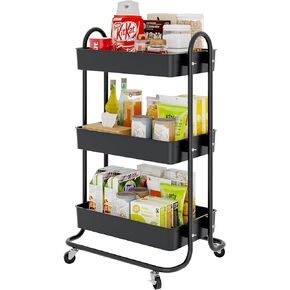 Sywhitta 3-Tier Storage Rolling Utility Cart with Handle, Multifunctional Storage Trolley for Kitchen, Bathroom, Living Room, Office, White