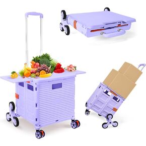Foldable Utility Cart Folding Portable Rolling Crate Handcart Shopping Trolley Wheel Box with Lid Wear-Resistant Noiseless 360°Rotate Wheel for Travel Shopping Moving Storage Office (Pink)