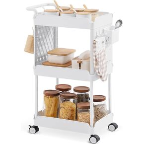 TOOLF 3 Tier Rolling Storage Cart, Utility Cart on Wheels with Pegboard Hanging Bins & Hooks, Pink Rolling Organizer Craft Cart, Storage Cart for Baby Nursery Dorm Kitchen Bathroom Laundry Bedside