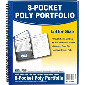 C-Line 10-Pocket Poly Portfolio with Write-on Tabs, Spiral-Bound, 5-Tab, Clear with Assorted Color Tabs, Box of 12 Portfolios (33650-12)