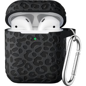 for Airpod Case & Airpods 2nd Generation Case Leropard Engraved Skin Cover Compatible with Apple AirPods 2nd/1st Charging Case,Cute Soft Silicone Full Protective, Front LED Visible, Black