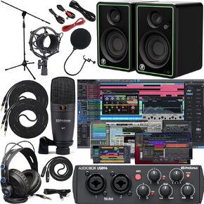 Presonus AudioBox 96 Audio Interface (May Vary Blue or Black) Full Studio Bundle with Studio One Artist Software Pack w/Mackie CR3 Pair Studio Monitors and 1/4" Instrument Cables, Usb