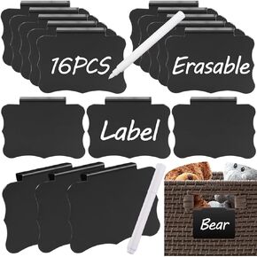 16PCS Basket Labels, Clip on Labels for Storage Bins Removable Kitchen Bin Baskets and Chalk Markers Reusable Office Classroom Black Clip Plastic Label Card