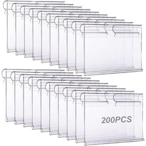 200 Pack Clear Plastic Label Holders, Clip On Label Holders, Merchandise Sign Display Tag Holder for Wire Shelf, Storage Bins, Basket, Supermarket Shop (6x4.2cm)