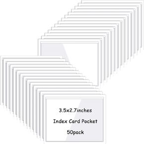 50 Pcs Clear Adhesive Pockets Label Holder 3.5 x 2.75 Inch Plastic Photo Sleeves Square Label Pockets Holder for School Library Office Home Business Index Cards Labels Storage Bin Cabinets Supplies