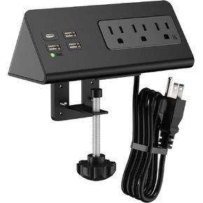 Desk Edge Clamp Mount Power Strips with 4 USB Ports(1xPD 20W USB-C Port)& 3 AC Outlets,1875 Joules Tabletop Surge Protector, Power Sockets for Office Table/Hotel Nightstands,ETL Listed (1-Pack, Black)