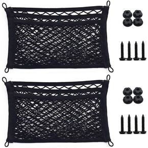 [2 Pack] Upgrade 3-Layer Small Cargo Net for Trunk RV Boats Home Storage Stretchable Mesh Pocket Net with 4 Mounting Screw and Built-in Hooks 18 x 9.8 inch