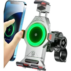 BRCOVAN Aluminum Alloy Motorcycle Phone Mount with Qi 15W Wireless Charger & Vibration Dampener, Adjustable Waterproof Motorcycle Handlebar Cell Phone Holder Compatible with 4.7''-7.2'' Phones