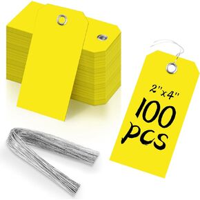 100 Pieces 2x4 inch 10mil Green Plastic Shipping Tags with Wires Heavy Duty Hang Tags with String Waterproof Labeling Tags with Reinforced for Gift Luggage Garage Inventory